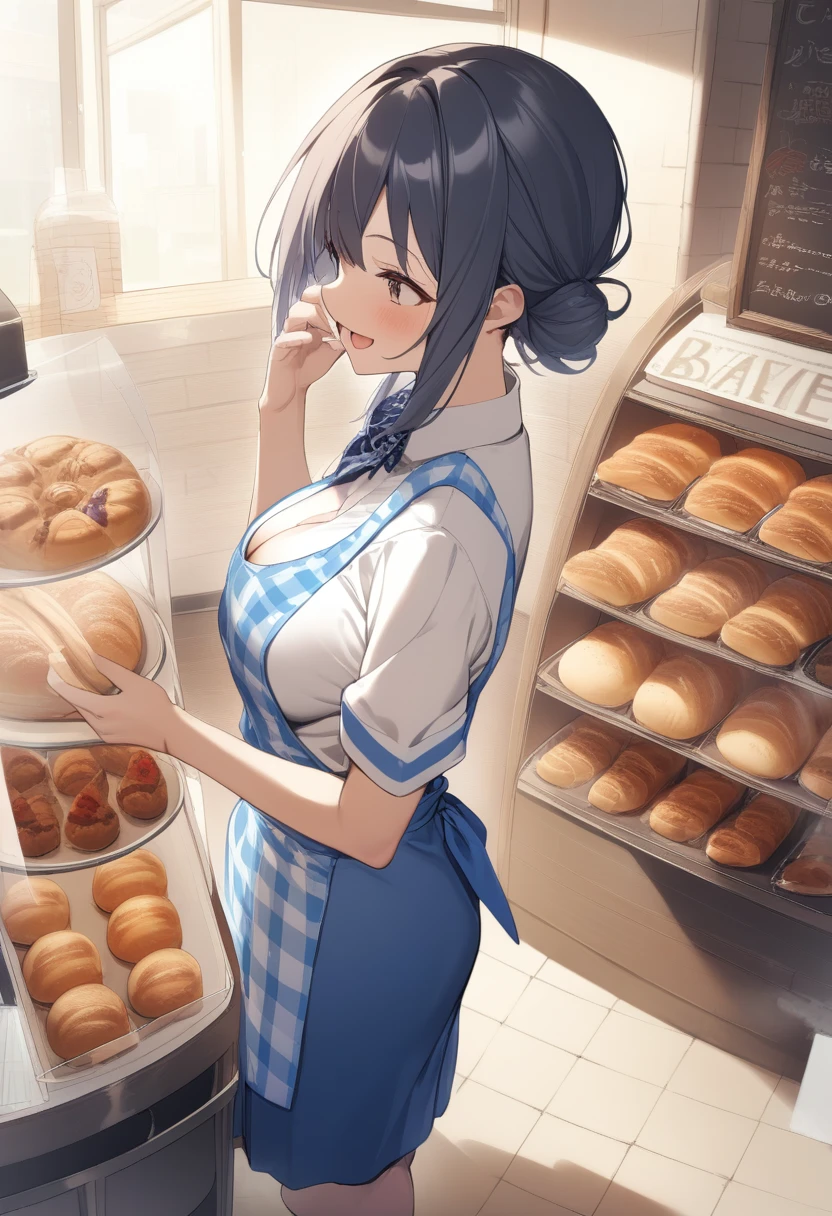  1 girl, medium breasts,
Kobeya uniform,  blue skirt  , Blue Necklace, gingham apron, Bakery,
Dutch Corner,  wide shot,  facing sideways , fingersmile,   opens her mouth,
Best Quality,medium quality,