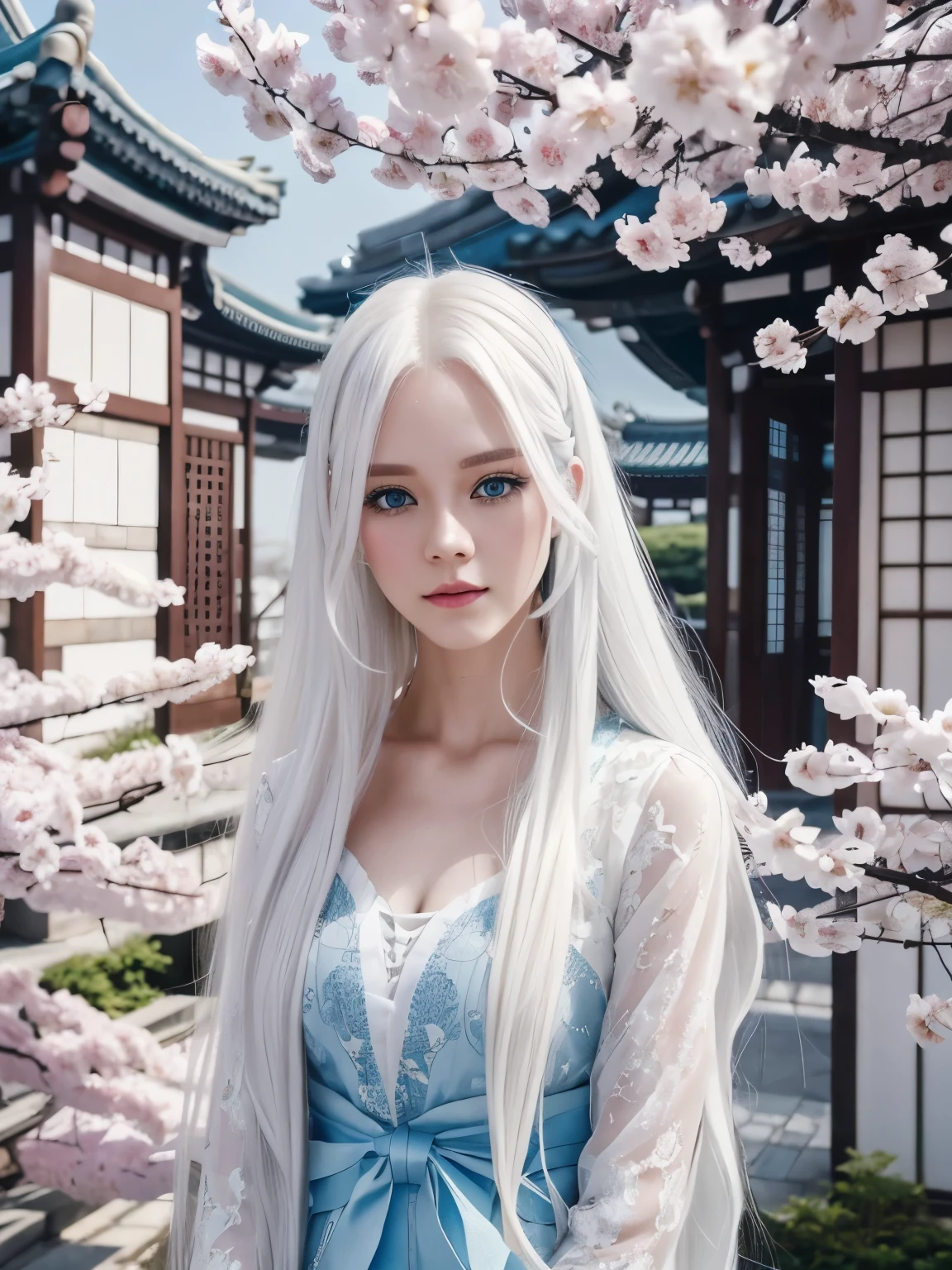 Long white hair, blue eyes, serious features, white skin, loose style, in a garden,in the Sakura Korea ,Korean Palace 