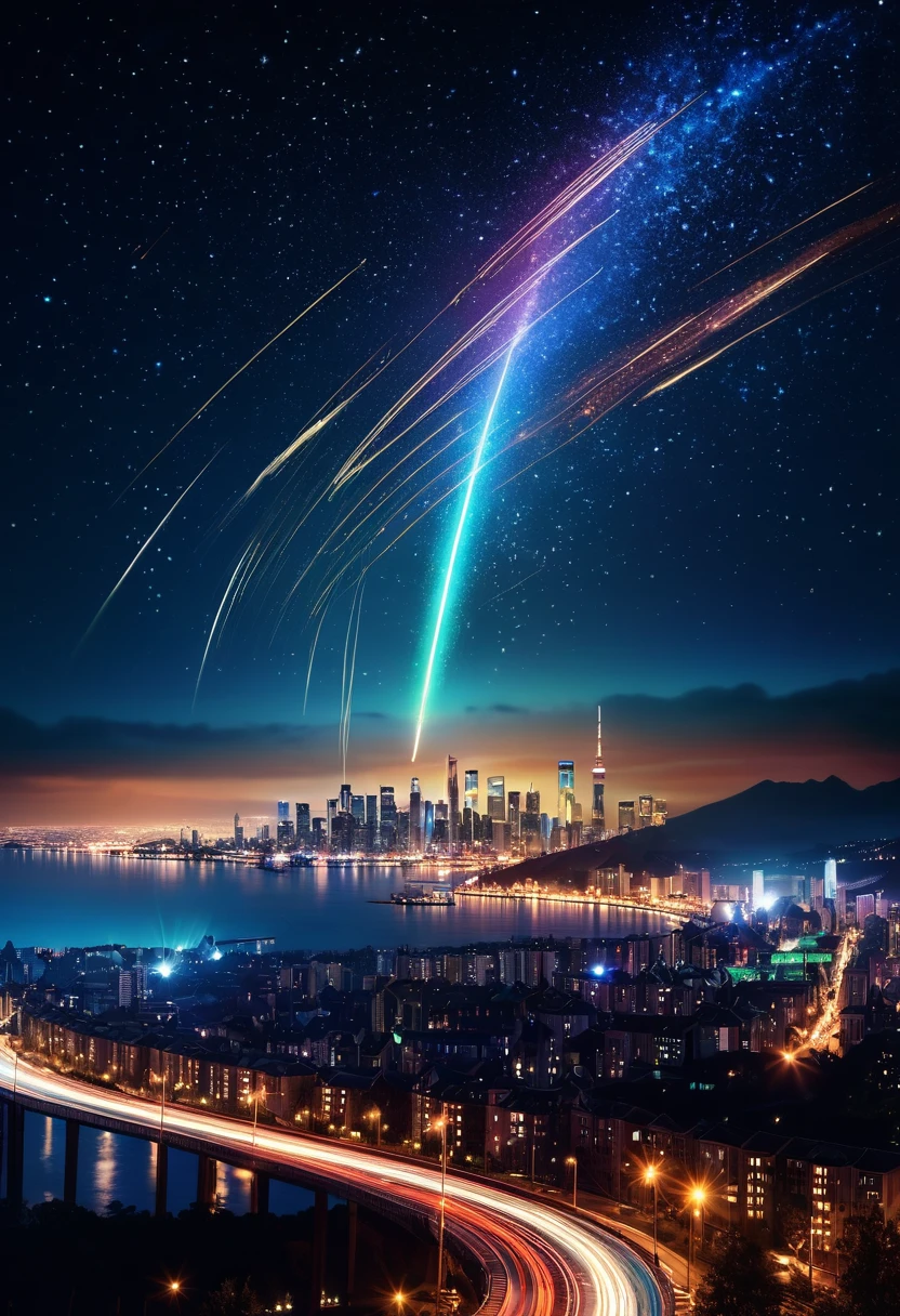 a shooting star over a city skyline, detailed night cityscape, dramatic lighting, beautiful glowing trails, cinematic composition, cinematic colors, dramatic atmosphere, intricate details, 8K, best quality, masterpiece