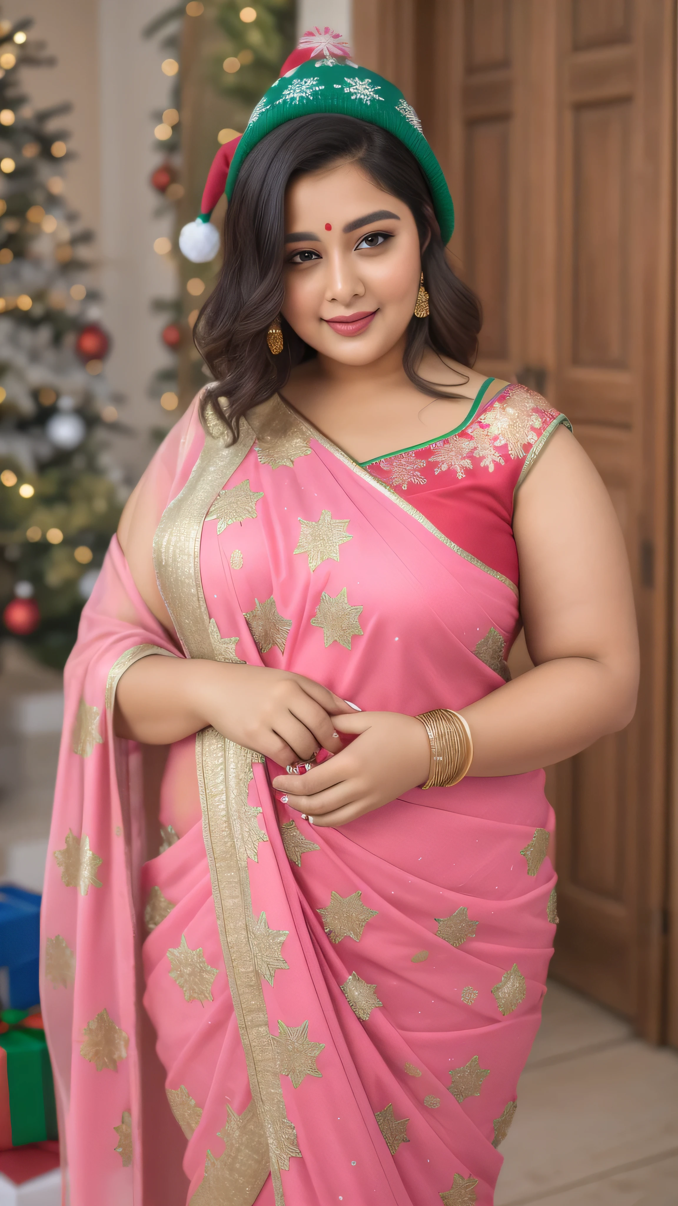 a woman in a pink sari posing for a picture, a portrait of a plump woman, lovely woman, traditional beauty, fat woman, indian, dressed in a sari, plus size woman, very very beautiful woman, very beautiful woman, trending on bbwchan, bbw, very beautiful enga style, she has a jiggly fat round belly, beautiful thick female,HD, (finest details), (best quality), Merry, Christmas decorations, night, Christmas theme, Christmas gifts, Christmas tree, best quality, high resolution, Christmas decorations, lights, snowflakes, (( (Red Christmas hat))),