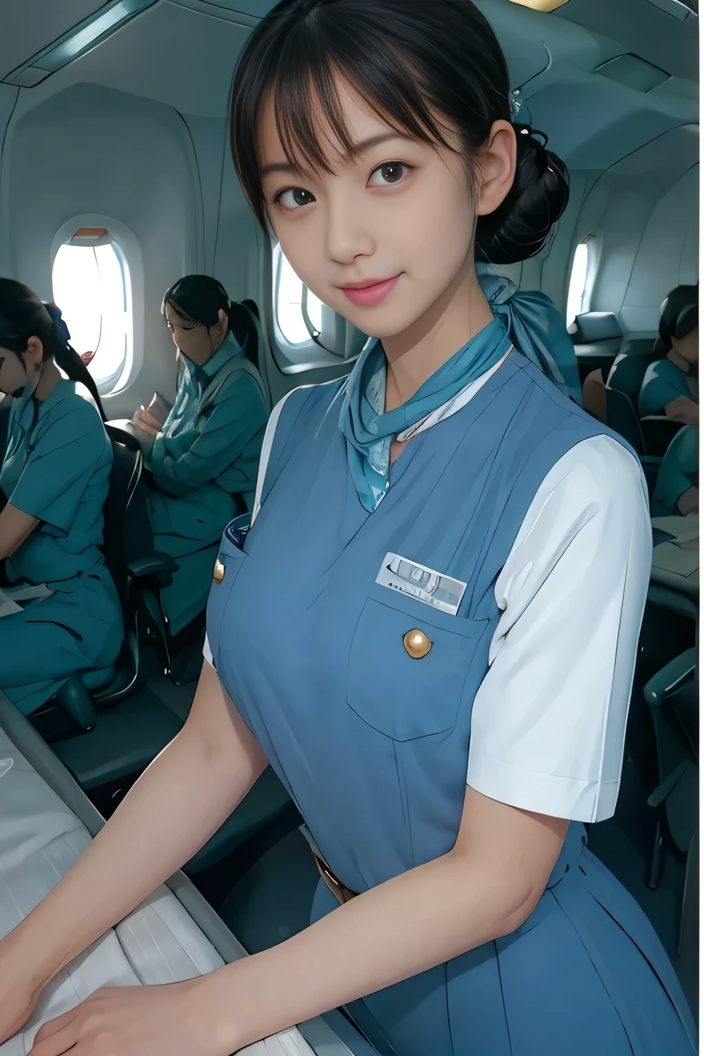 (masterpiece:1.2, Best Quality:1.2), 32kHDR,  high definition, (Alone、 1 girl)、（Rooftop of a building during the day、 Professional Lighting ）、Building rooftop background、（ Realistic Style Japan Air System Flight Attendant Uniform Blue ）、（（Japan Airlines System Flight Attendant Uniform Blue Jumper Skirt with Pockets and Buttons on Both Sides of Chest、 white short sleeve blouse  、 Light Blue Vest with Waist 、Scarf around the neck））、Dark brown hair、（Long Hair、Hair tied up、Hair tied up）、Dark brown hair、Long Hit、Big Breasts、Thin legs、（（Great hands：2.0）），（（ Harmonious Body Proportions ：1.5）），（（Normal limbs：2.0）），（（Usually refers to：2.0）），（（ Delicate Eyes ：2.0）），（（Normal eyes：2.0））)、smile、（Japan air system cabincrew uniform blueを見せた美しい立ち姿）、Hands crossed underneath 
