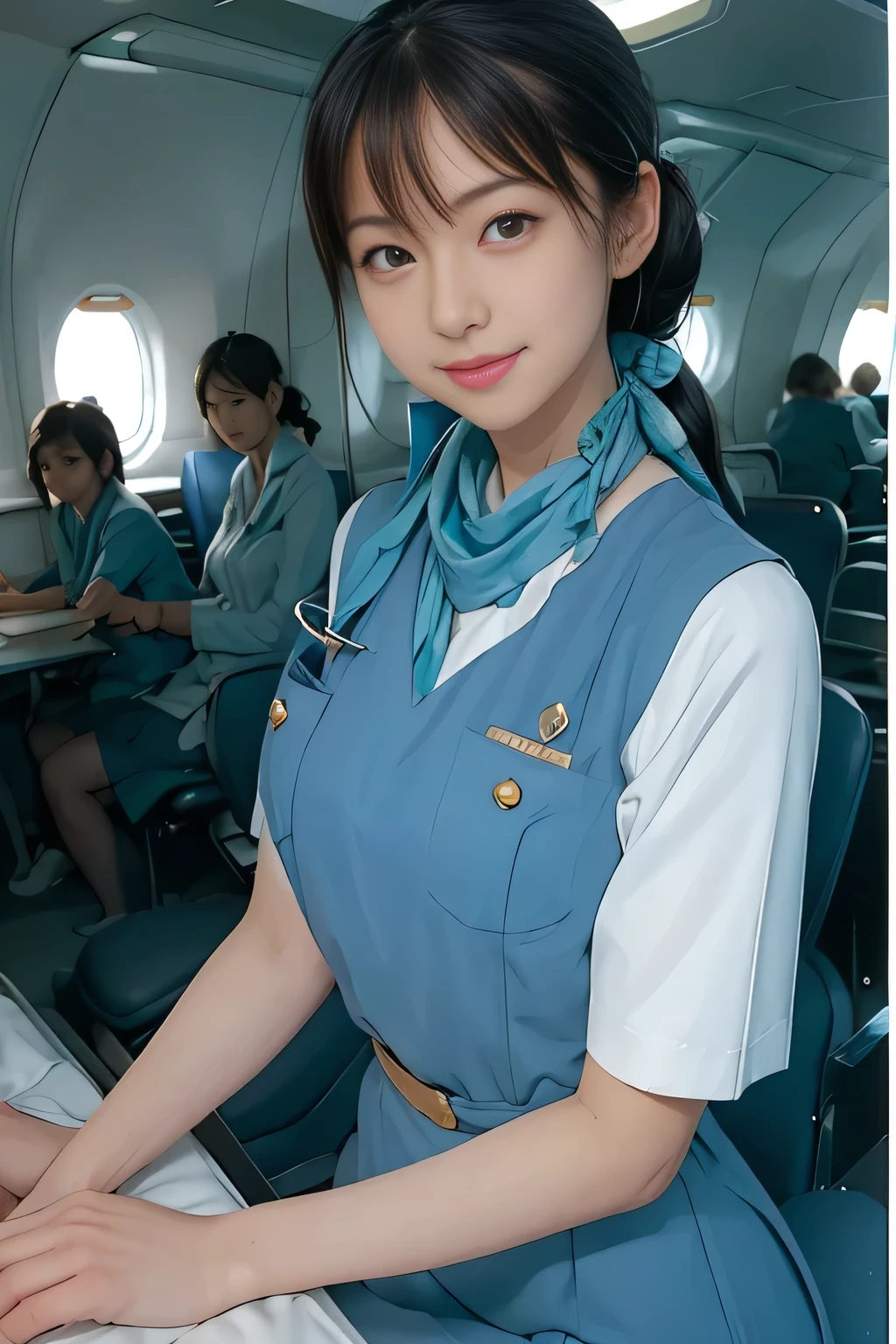 (masterpiece:1.2, Best Quality:1.2), 32kHDR,  high definition, (Alone、 1 girl)、（Rooftop of a building during the day、 Professional Lighting ）、Building rooftop background、（ Realistic Style Japan Air System Flight Attendant Uniform Blue ）、（（Japan Airlines System Flight Attendant Uniform Blue Jumper Skirt with Pockets and Buttons on Both Sides of Chest、 white short sleeve blouse  、 Light Blue Vest with Waist 、Scarf around the neck））、Dark brown hair、（Long Hair、Hair tied up、Hair tied up）、Dark brown hair、Long Hit、Big Breasts、Thin legs、（（Great hands：2.0）），（（ Harmonious Body Proportions ：1.5）），（（Normal limbs：2.0）），（（Usually refers to：2.0）），（（ Delicate Eyes ：2.0）），（（Normal eyes：2.0））)、smile、（Japan air system cabincrew uniform blueを見せた美しい立ち姿）、Hands crossed underneath 
