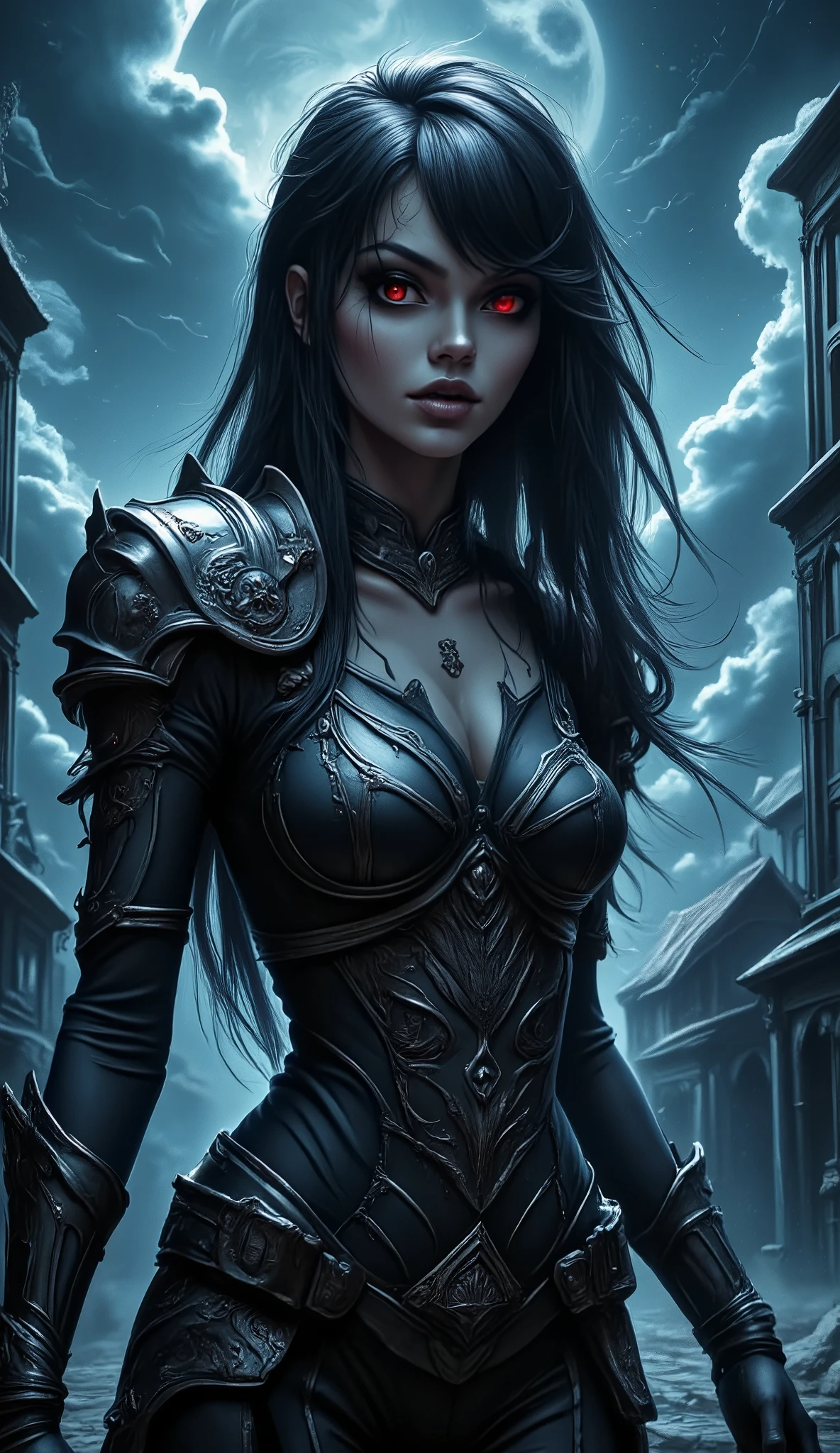 score_9, score_8_up, score_7 , Arafed, dark fantasy art, gothic art, a picturק of a vampire ready for battle, female vampire, glowing eyes, vampire fangs, armed with a sword, wearing heavy armor , armed with a sword, shining sword, ultra detailed face (intricate detailed, Masterpiece, best quality: 1.4), pale skin, glowing eyes, red eyes, ultra feminine, pale skin, dynamic hair, dark fantasy urban street (intricate detailed, Masterpiece, best quality: 1.4), moon light, star light, clouds, ral-ertmsphr, hyp3rd3tail style