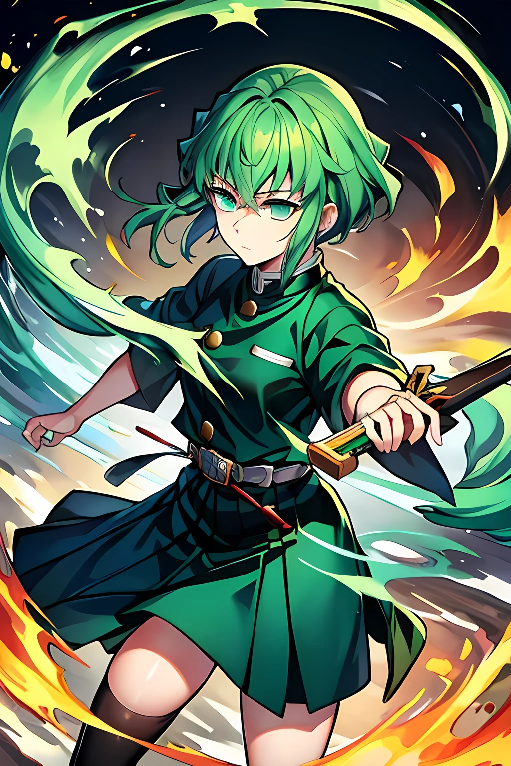 Demon slayer, guy with short spikey light green hair, hazle eyes,  wearing a haori,  and uniform, holding a sword 