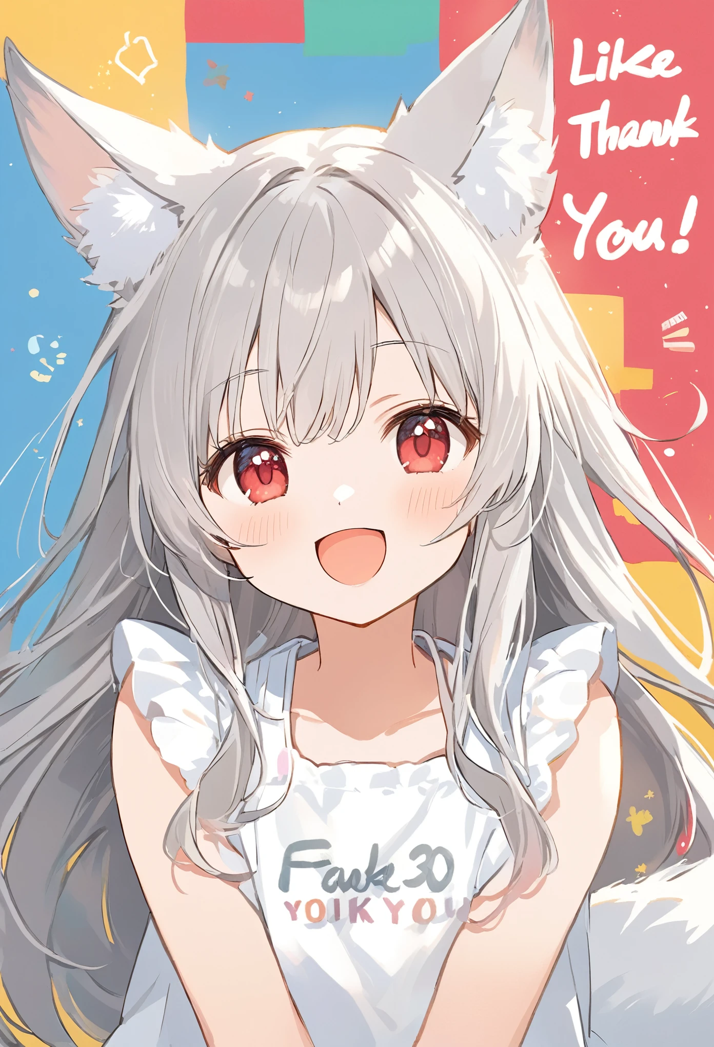 ((Type your text 、"Like, favorite 30K thank you!"Text)),thin and soft painting style、White fox girl  、Grey Hair、  Smooth Long Hair  、 fox ears、  fox's fluffy tail 、Ruby Eyes、 Oblique eyes、cute、smile,:d