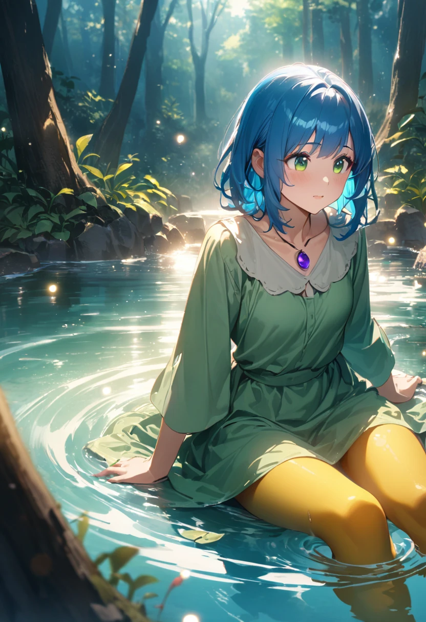 1girl, green eyes, purple pendant, orange hair, medium hair +++ yellow pantyhose, green dress,  light green shirt, green boots Hiding face with arm, looking to the side, extremely quality extremely detailed, illustration, cute anime face cinematic lighting,1 person, Waterside in the forest、Sitting with feet in water、Enjoying a bath with slime、A little swordsman with blue hair., Sit on the ground, Clear blue sky、Bokeh, Depth、Fun Expressions、 Portrait 、 lens flare 、Detailed illustrations、 realistic depiction