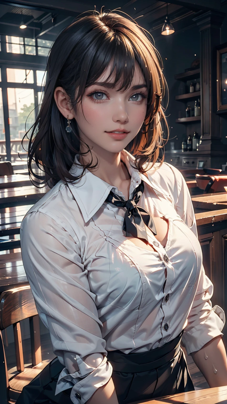 (8k, Best Quality, masterpiece: 1.2), (Realistic,  photorealistic: 1.37), Super detailed,  1 girl, cute, Alone,  beautiful detailed sky, Details Cafe,  Knight ,  at dawn, date, ( Nose redness), (smile: 1.15), ( close your mouth) Small breasts, beautiful details, ( collared shirt: 1.1),  Knight , Wet, Business Wear,White lace, ( short hair: 1.2),  floating hair nova frog style、blue sky、cloud、 long lashes、Eye Makeup、 lip gloss