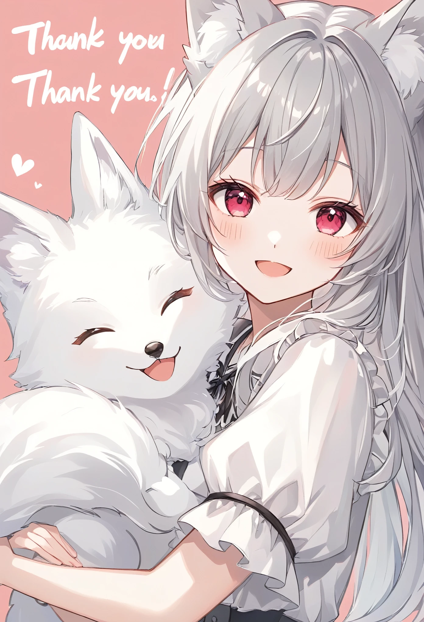 ((Type your text 、"Like, favorite 30K thank you!"Text)),thin and soft painting style、White fox girl  、Grey Hair、  Smooth Long Hair  、 fox ears、  fox's fluffy tail 、Ruby Eyes、 Oblique eyes、cute、smile,:d