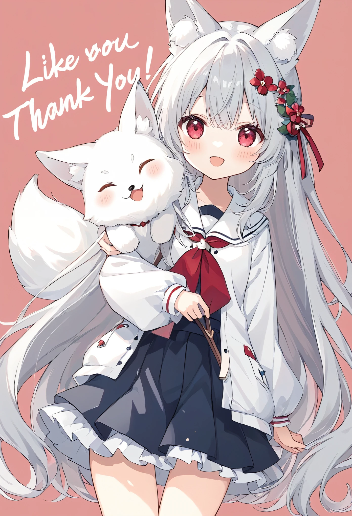 ((Type your text 、"Like, favorite 30K thank you!"Text)),thin and soft painting style、White fox girl  、Grey Hair、  Smooth Long Hair  、 fox ears、  fox's fluffy tail 、Ruby Eyes、 Oblique eyes、cute、smile,:d