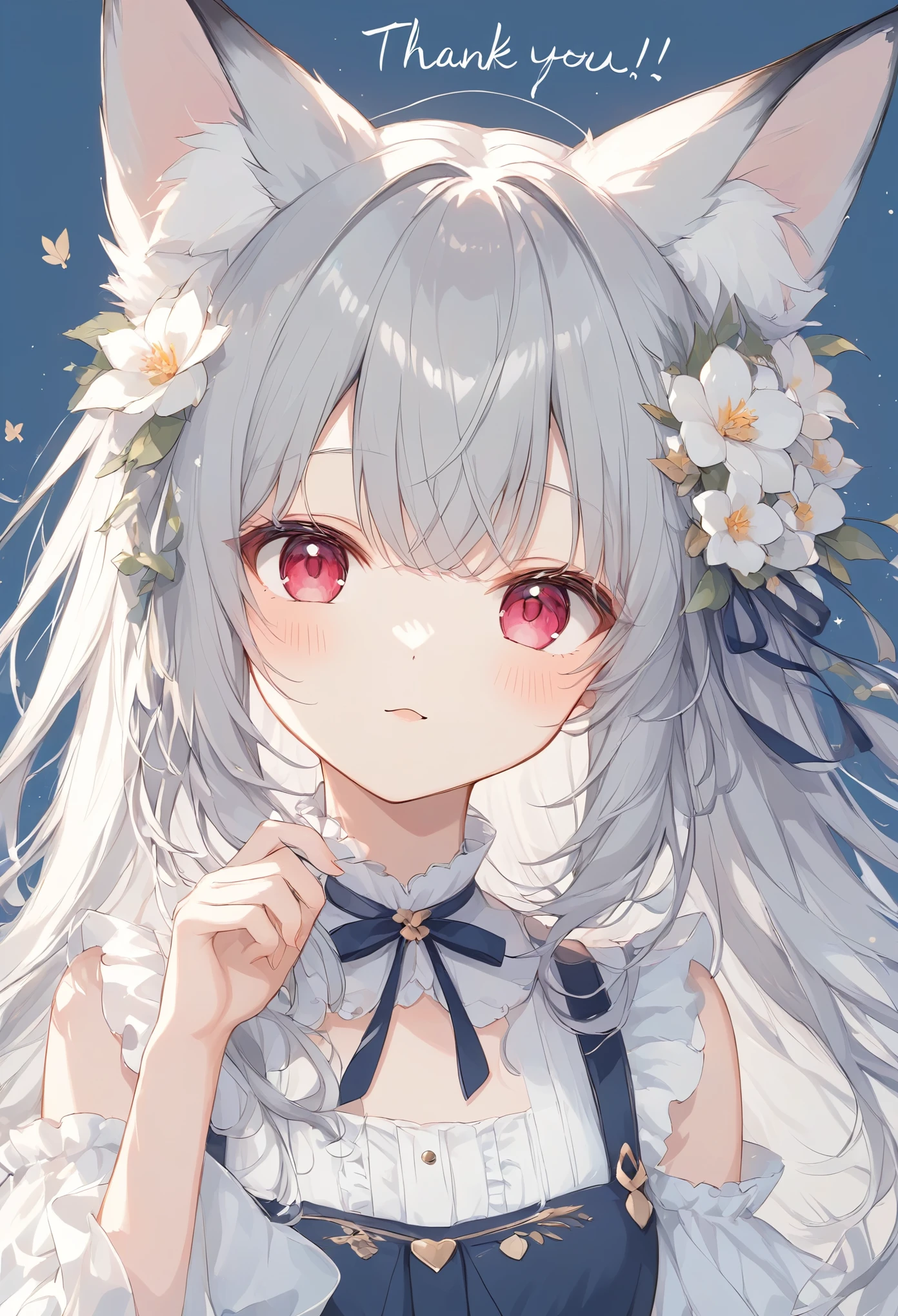 ((Type your text 、"Like, favorite 30K thank you!"Text)),thin and soft painting style、White fox girl  、Grey Hair、  Smooth Long Hair  、 fox ears、  fox's fluffy tail 、Ruby Eyes、 Oblique eyes、cute、:<