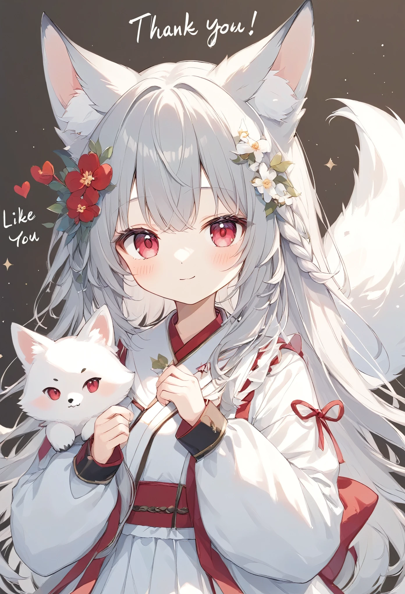 ((Type your text 、"Like, favorite 30K thank you!"Text)),thin and soft painting style、White fox girl  、Grey Hair、  Smooth Long Hair  、 fox ears、  fox's fluffy tail 、Ruby Eyes、 Oblique eyes、cute、:<