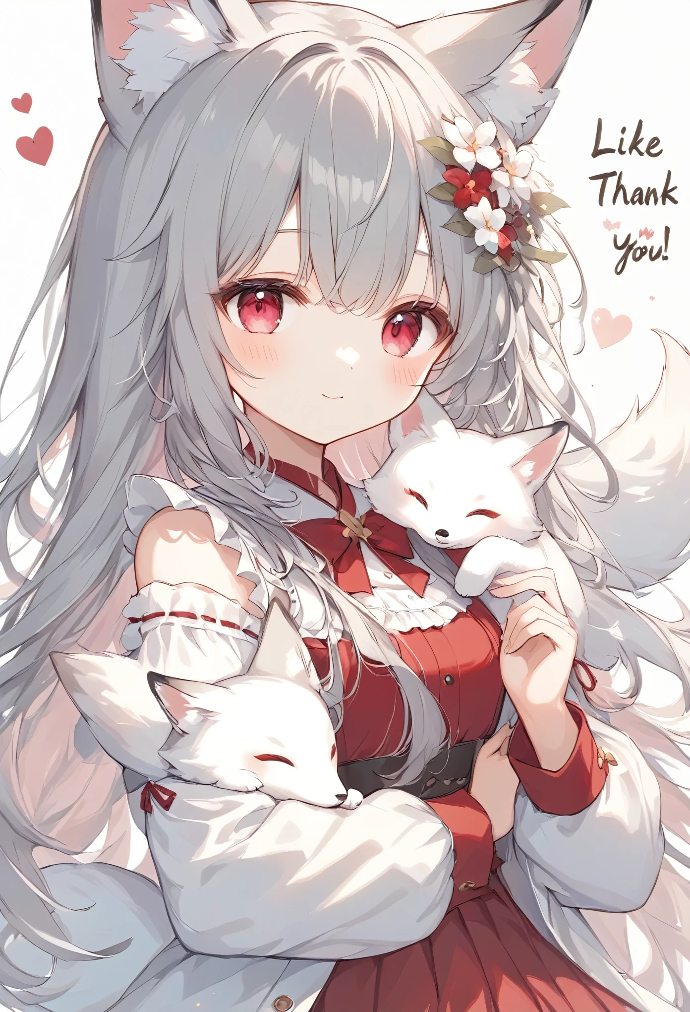 ((Type your text 、"Like, favorite 30K thank you!"Text)),thin and soft painting style、White fox girl  、Grey Hair、  Smooth Long Hair  、 fox ears、  fox's fluffy tail 、Ruby Eyes、 Oblique eyes、cute、:<