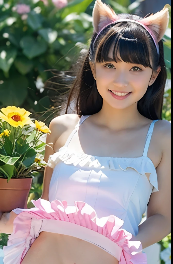 1girl in, :D, ****, animal ear fluff, Animal ears, Bangs, black hairbanD, long black hair, Blurry, Blurry backgrounD, Depth of fielD, Dress, flower, flower pot, ((frilleD Dress:1.2)), ((frilld, Dress:1.2)), hairbanD, holDing, Long hair, Open mouth, pink flower, plant, potteD plant, sketch, Sleeveless, ((Sleeveless Dress:1.2)), Smile, Solo, tail, Wrist cuffs, yellow flower, 1980s (Style), ((white Micro-bikini underwear panty is exposed:1.2))