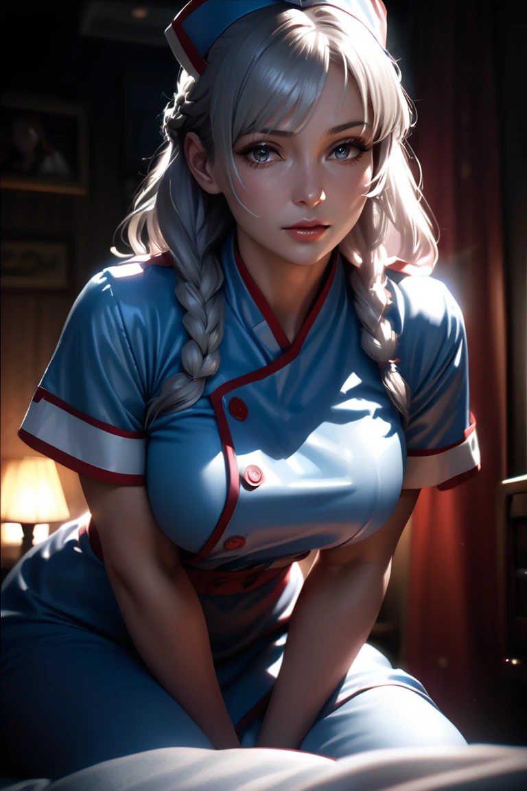 (masterpiece, best quality:1.3), Yagokoro Eirin, Touhou Series, perfect face, expressive eyes, 1woman, looking at viewer, 38 years old, gorgeous body, big breast, beautiful, anime, lora,1woman, silver hair, braid hair, nurse cap, red and blue clothes, (cinematic lighting, realistic, dream-like, enchanting atmosphere:1.5),