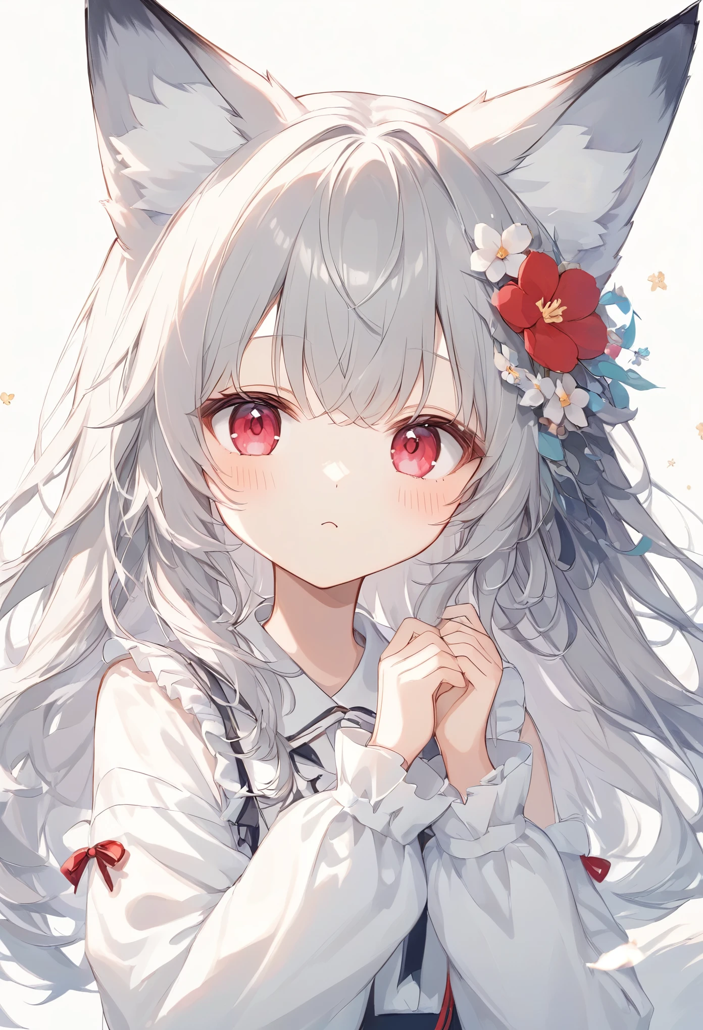 ((Type your text 、"Like, favorite 30K thank you!"Text)),thin and soft painting style、White fox girl  、Grey Hair、  Smooth Long Hair  、 fox ears、  fox's fluffy tail 、Ruby Eyes、 Oblique eyes、cute、:<