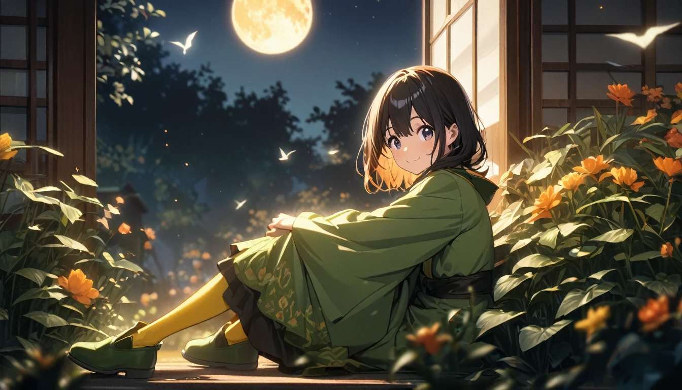 1girl, green eyes, purple pendant, orange hair, medium hair +++ yellow pantyhose, green dress,  light green shirt, green boots Hiding face with arm, looking to the side, extremely quality extremely detailed, illustration, cute anime face cinematic lighting, girl,  happy , smile, Sit-in,  ,  looking to the left , Hair Bun,  Black Hair ,  Black Eyes , Big Eyes, The green kimono ,  in the red Amaranbana flower garden , with a full moon, At night, cute, beautiful,  Fantasy,  relaxed atmosphere , A vibrant academic community,  close-up shot , left side,  side view, Bird&#39;s Eye View, 最 high quality, masterpiece,   Details,  high quality, ultra   Details, hyper   Details, insanely   Details, Exquisite, beautiful, Full HD, 16k,  high definition, Absurd, moonlight, Directional light ,  Soft Writing,  the background is blurry and in focus, PERFECT HAND STYLE ,  Please hold out the teacup , Green Tea , Yunomi, ,