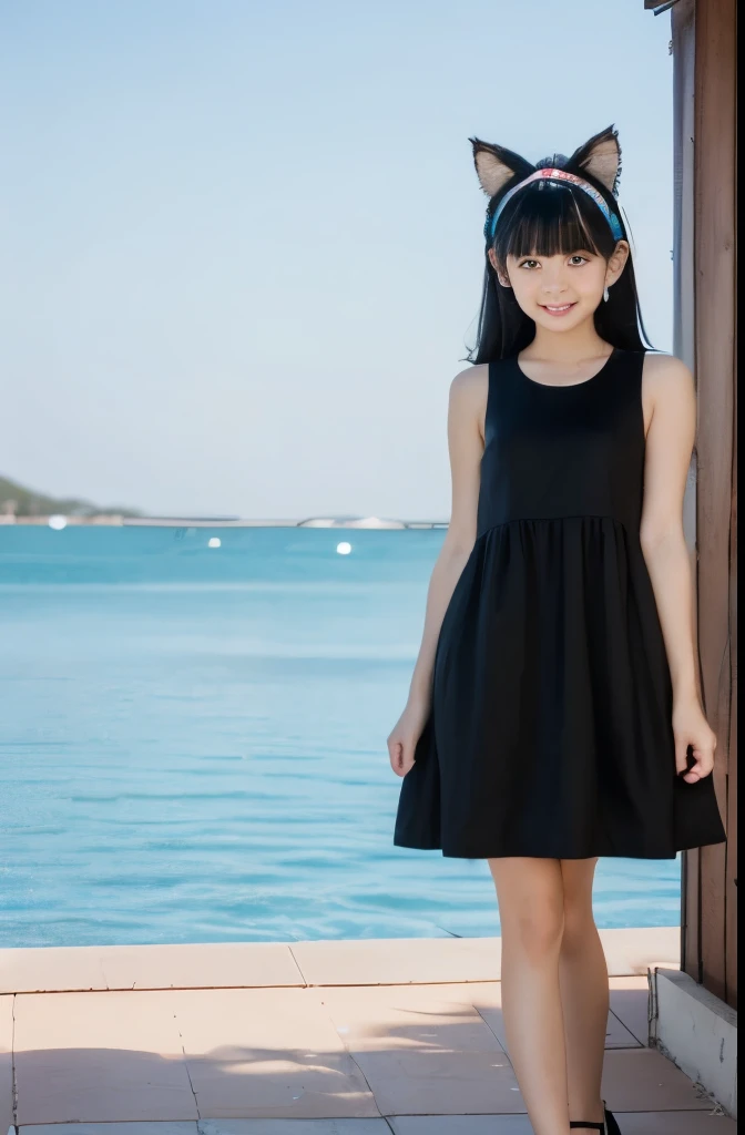 1girl in, :D, ****, animal ear fluff, Animal ears, Bangs, black hairbanD, long black hair, Blurry, Blurry backgrounD, Depth of fielD, Dress, flower, flower pot, ((full body:1.2)), ((beautiful legs:1.2)), ((plain Dress:1.2)), hairbanD, holDing, Long hair, Open mouth, pink flower, plant, potteD plant, sketch, Sleeveless, ((Sleeveless Dress:1.2)), Smile, Solo, tail, Wrist cuffs, yellow flower, 1980s (Style)