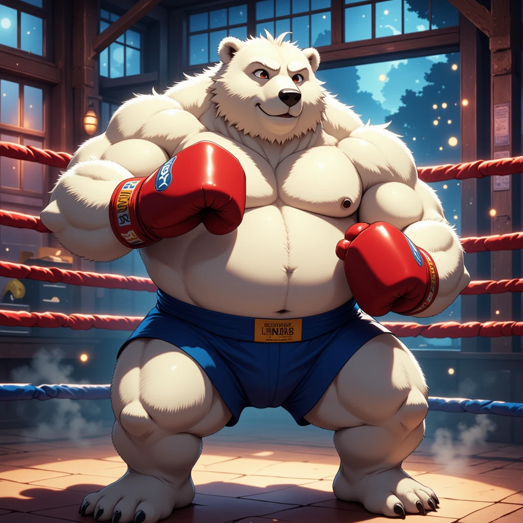 character focus, full body, looking away, dynamic angle, cyberpunk, boxer, musclegut middle-aged polar bear man, full body in Michelangelo Buonarroti style, housamo style, digital illustration anime, BREAK complete anatomy, perfect proportions, beautiful thigh gap, fluffy body, intricate fur details, beautiful fur texture, BREAK (a detailed polar bear 1tail), detailed toe, 5toes, 5toes nails, beautiful foot, BREAK detailed hands, 5fingers, 5fingers nails, BREAK aesthetic anime face, insanity detailed face, male face, big face, square jawline, aesthetic anime eyes, detailed brown eyes, detailed brown cornea, detailed dark brown irises, detailed pupils, male eyes, big eyes, male eyebrows, innocent look, beautiful beard, BREAK costume, headgear, sandbag, perfect composition, boxing, quantum electromagnetic life form spinning punch, dynamic pose, detailed painting landscape, morning, quantum electromagnetic life form atmosphere avant-garde gym, indoor, full color, HDR, BREAK masterpiece, official art, best quality, very aesthetic, absurdres, super fine illustration, great quality, BREAK noise reduction, very highres, large filesize, high quality, 32K, 8k wallpaper, dynamic lighting, BREAK insanity detailed, ultra detailed, intricate details, extremely detailed, detailed texture, an extremely delicate and beautiful, BREAK e621 illustration, osukemo, kemohomo, anthropomorphic, furry, cartoon, harmonious body, pastoral face, virtuous eyes, cyberpunk atmosphere