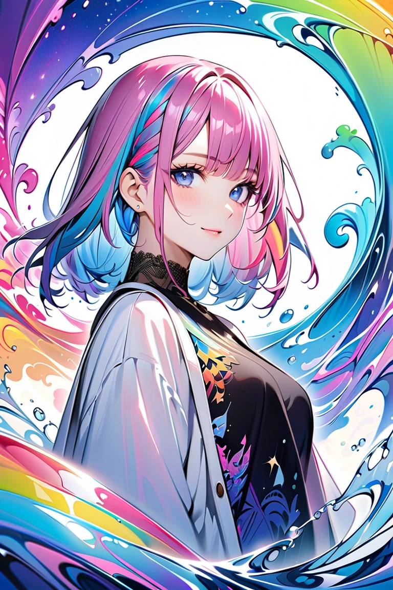 (masterpiece, top quality, best quality,watercolor (medium),official art, beautiful and aesthetic:1.2),(1girl:1.3), (fractal art:1.3),upper body, from side, looking at viewer,patterns,(rainbow color Hair,colorful hair,half blue and half pink hair:1.2),water,liquid, cloud,colorful, starry,stars,