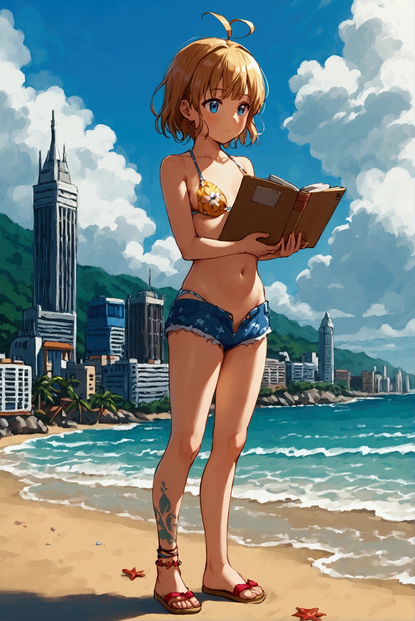 A nude little anime girl standing on the beach. She is lifting her bust up with her palms. There are some skyscrapers in the background. She is checking some project plans via her lap-top. Her expression is curious.