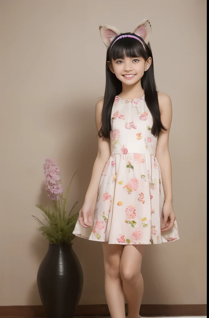 1girl in, :D, ****, animal ear fluff, Animal ears, Bangs, black hairbanD, long black hair, Blurry, Blurry backgrounD, Depth of fielD, Dress, flower, flower pot, ((full body:1.2)), ((beautiful legs:1.2)), ((plain Dress:1.2)), hairbanD, holDing, Long hair, Open mouth, pink flower, plant, potteD plant, sketch, Sleeveless, ((Sleeveless Dress:1.2)), Smile, Solo, tail, Wrist cuffs, yellow flower, 1980s (Style)