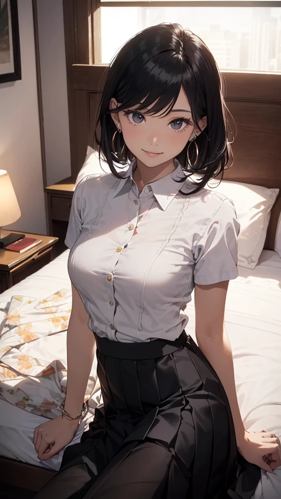 1 Young girls, 独奏, White polo shirt, White sneakers, 
, white mini-skirt, tmasterpiece, Best quality, realistically, ultra - detailed, (shiny skins, Sweated:1.4), Huang Li, looking at viewert, with short black hair, with brown eye,slenderness,Dynamic light and shadow,A high resolution,Focus sharp,depth of fields,The eyes are delicate,Sharp pupils,student reality,(Bigchest:1.6),(Thigh thick:1.0),luring,sky sky，The camera looks from the bottom up、Black suspender tights、lace leggings、