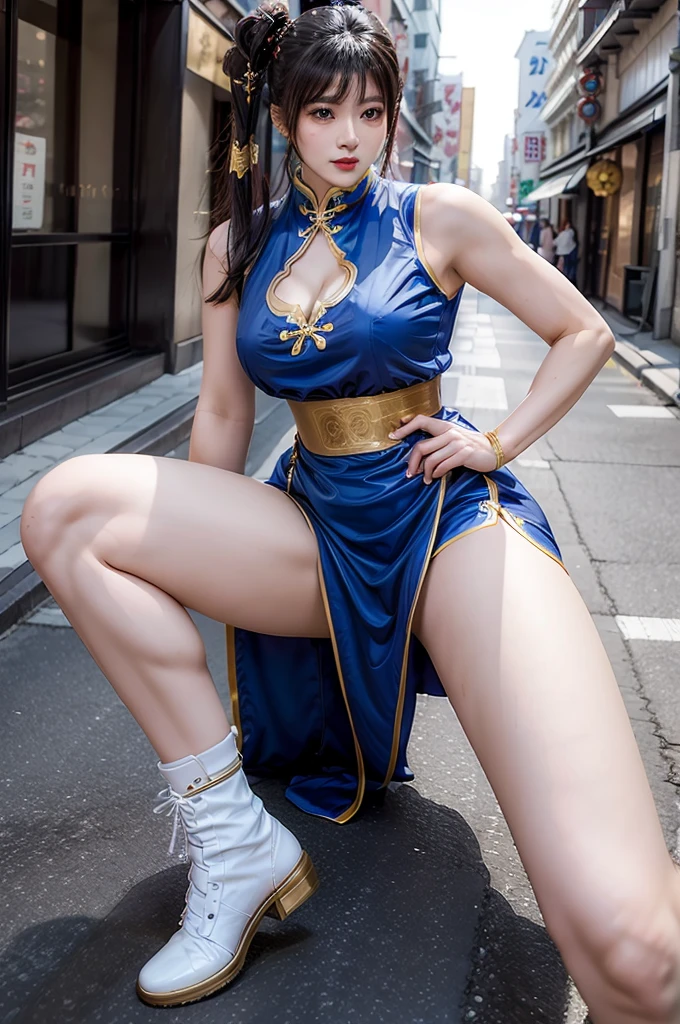 Long-legged Japanese girl wearing a Chinese dress, (in the city), very long legs, (((realistic))), (((High resolution))), (((Chun li))), side view, (((thick thighs)))