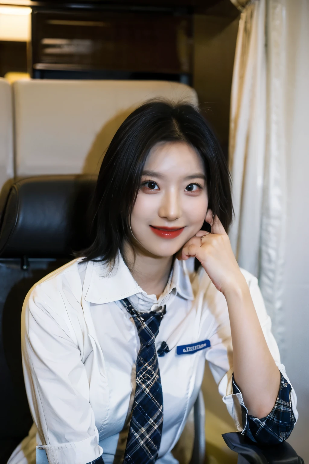 A stunning flight attendant in a stylish uniform sits gracefully in the cabin of an airplane. She is smiling confidently, embodying warmth and professionalism. The portrait is taken with a professional Sony camera, capturing vibrant colors and soft lighting that accentuate her elegant posture and beautiful figure. The cabin interior is modern and well-designed, with soft textures and subtle lighting, providing a perfect backdrop that complements her polished look.