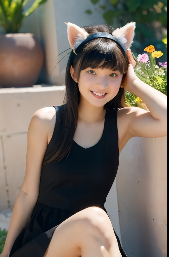 1girl in, :D, ****, animal ear fluff, Animal ears, Bangs, black hairbanD, long black hair, Blurry, Blurry backgrounD, Depth of fielD, Dress, flower, flower pot, ((plain Dress:1.2)), hairbanD, holDing, Long hair, Open mouth, pink flower, plant, potteD plant, sketch, Sleeveless, ((Sleeveless Dress:1.2)), Smile, Solo, tail, Wrist cuffs, yellow flower, 1980s (Style)