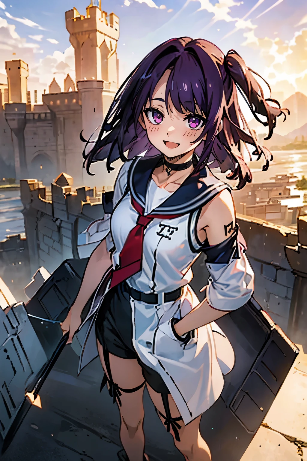 (masterpiece:1.2), (high quality:1.2), reo mikage, blue lock, girls with((((solo, 1 girls, (medium hair, right swept bangs, one side up:1.55), arms tattoo, choker, collar, collarbone, marine sailor uniform and white clothes + off-shoulder sleeves + black shorts + garter straps + long clothes + red tie + belt + short sleeves, purple eyes, purple hair, right swept bangs, smiling, opened mouth, standing))), background with((camelot kingdom, castle, sky, sea, shining sunlight, august 12))