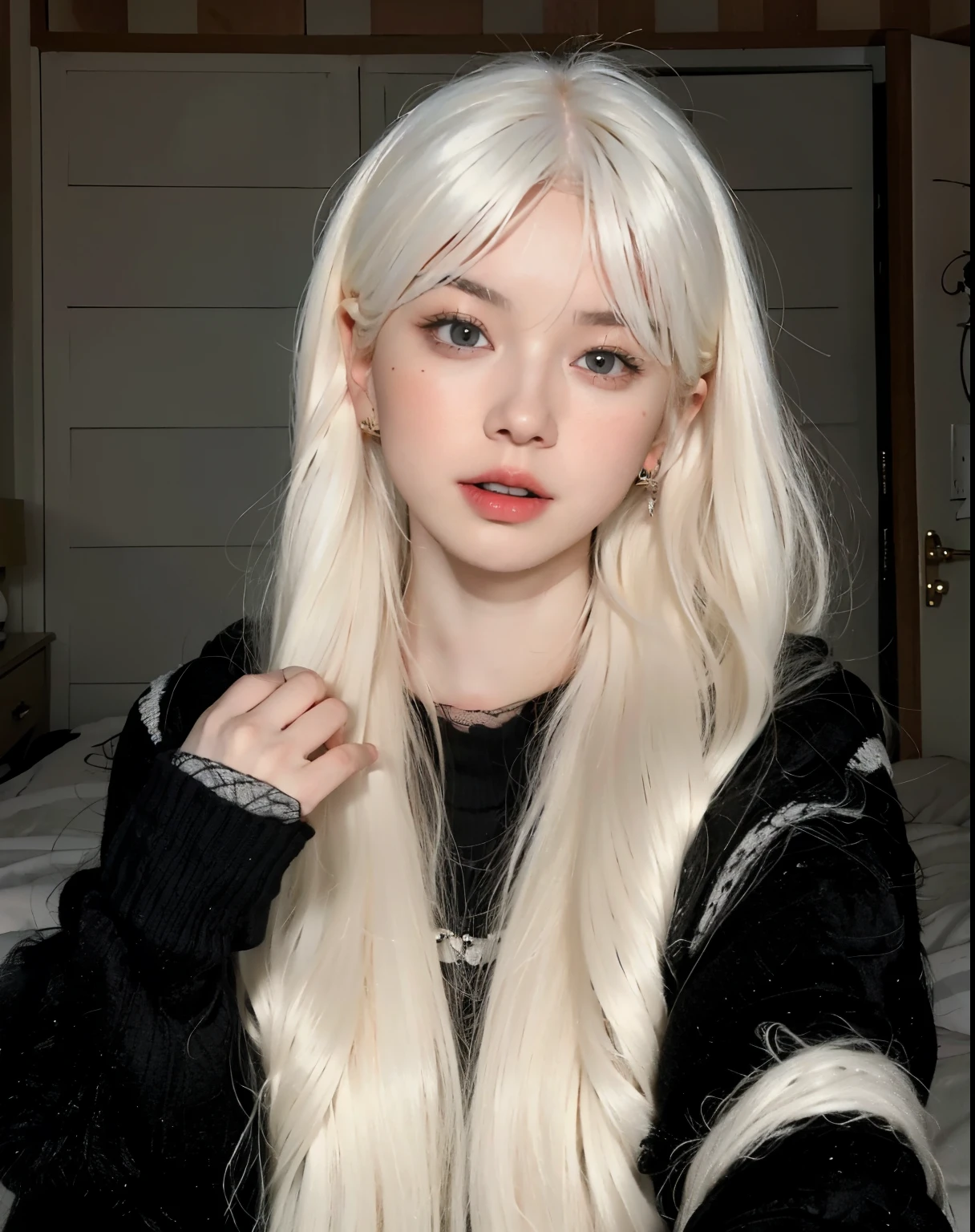 Blonde woman with long white hair and black and white striped sweater, long white hair and bangs,  with long white hair, with long white hair, very very pale blond hair, extremely pale blond hair, girl with white hair, ulzzang, her hair is white, pale hair, long straight and white hair, perfect girl with white hair, white hime cut hairstyle