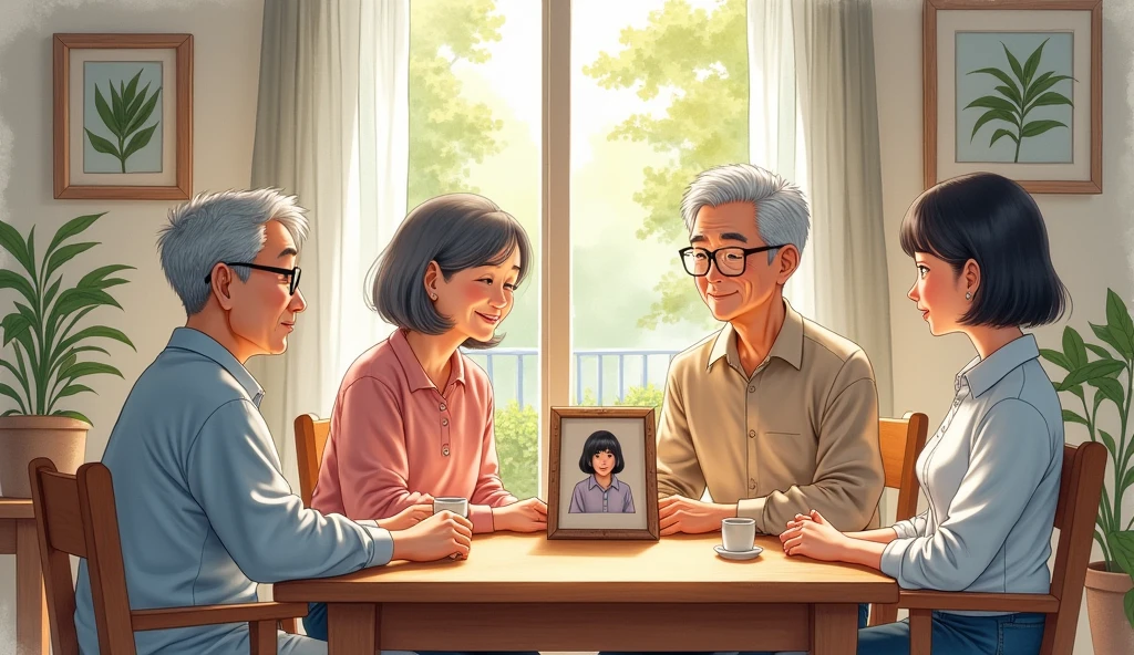 Boy and girl in home with grandfather and grandmother