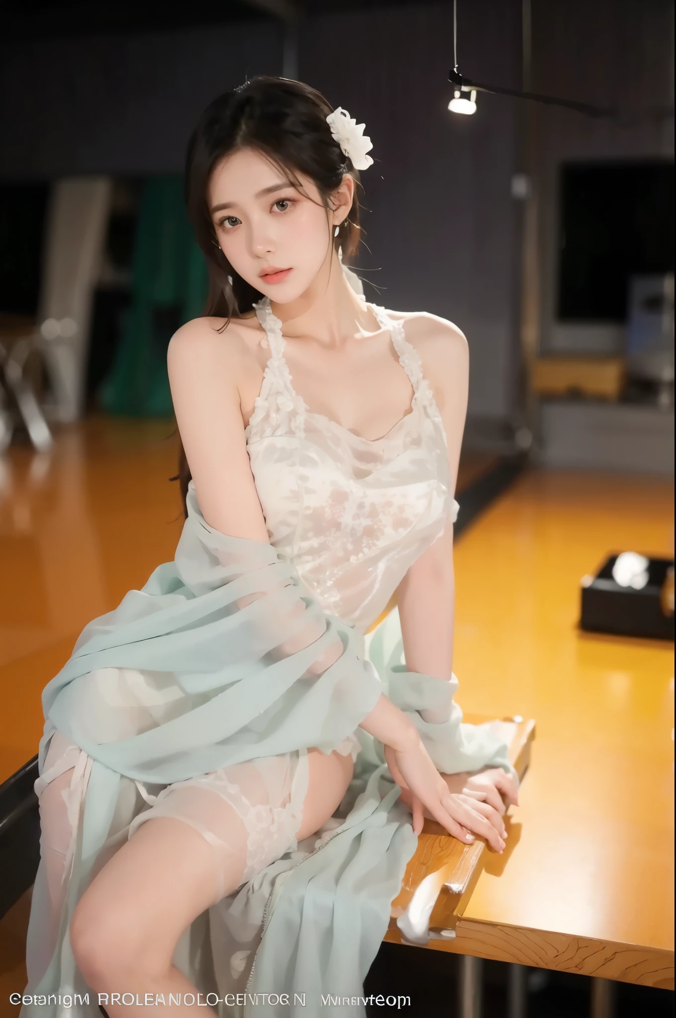 Full body photo from head to toe、Anatomically correct limbs、1 girl in、(8K、Raw photography、top-quality、masterpiece:1.2)、(realisitic、realisitic:1.37)、ultra-detailliert、longshot、Fulll body Shot、realistic eyes and face details、natural skin textures、Dark eyebrows、(((thighs thighs thighs thighs、groin、kne、open one's legs)))、decolletage、Fair skin、A detailed face、真实感、Realistic background、Realistic lighting、(Sweaty skin)