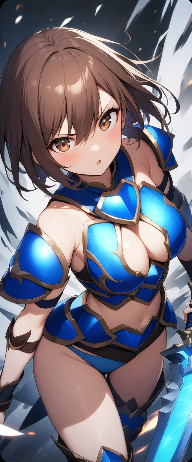 female warrior wearing blue bikini armor、1girl、tits、 looking at the camera、shorthair!、Brown eyes holding a sword 、Brown Hair、Brave、 dynamic、