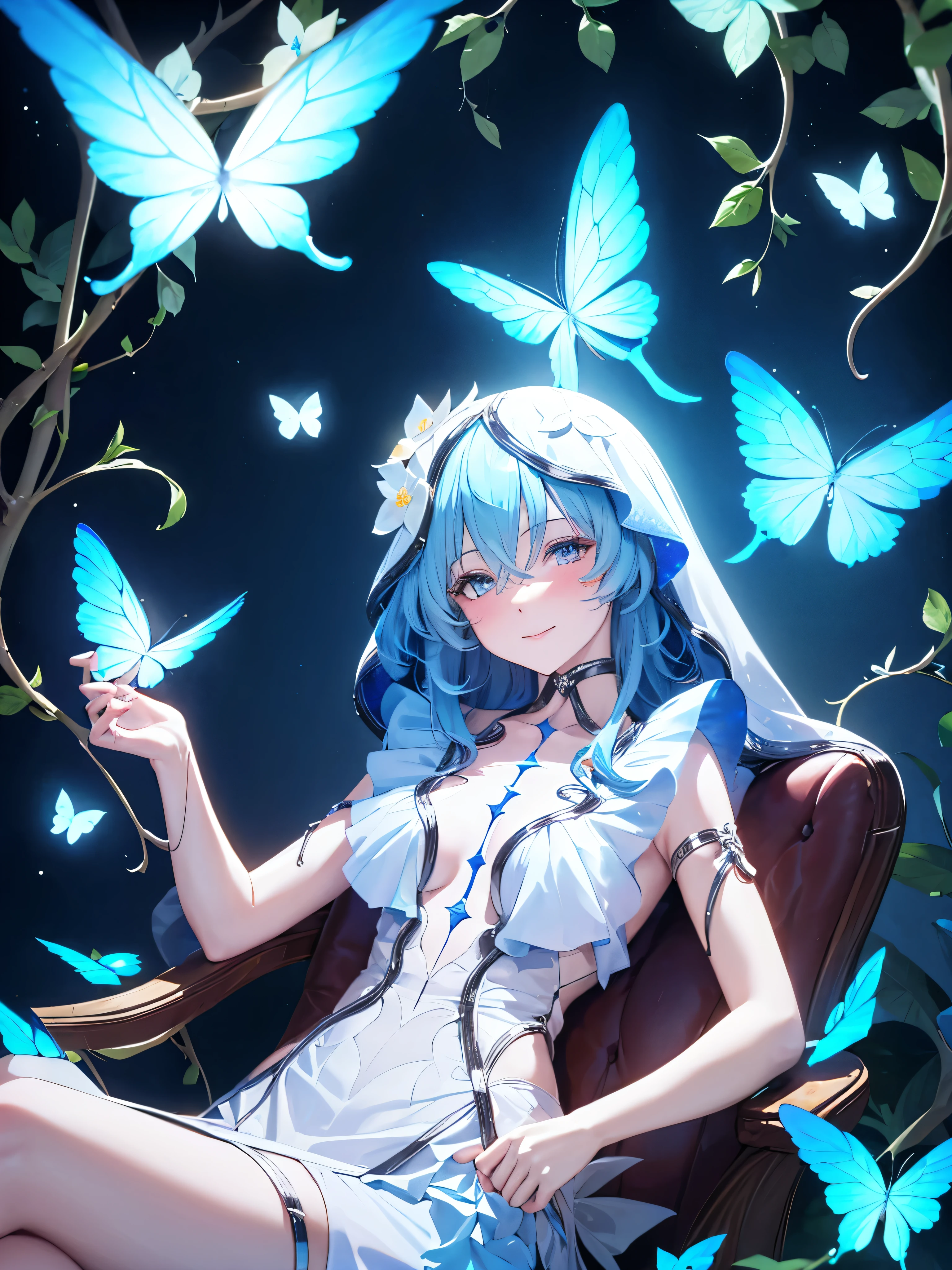 ((Sole female)), shorekeeper, sitting, smiling, blushing, blue flower, blue glowing butterfly, glow effect, glowing hairs, glowing flower, pale face, vines, buds