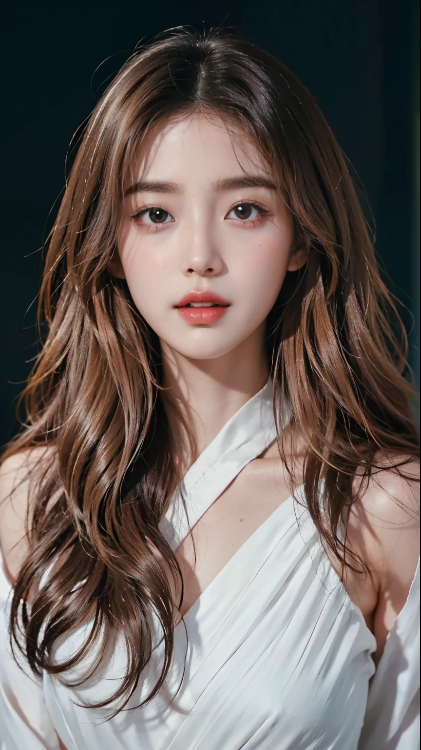 A woman with long hair and a white dress poses for a photo, Beautiful young Korean woman, beautiful Korean women, Korean girl, Gorgeous young Korean woman, portrait of female korean idol, beautiful delicate face, gorgeous face portrait, thin lustrous hair, Korean woman, young lovely Korean faces, Soft portrait shot 8 K, Popular Korean makeup, beautiful aesthetic face