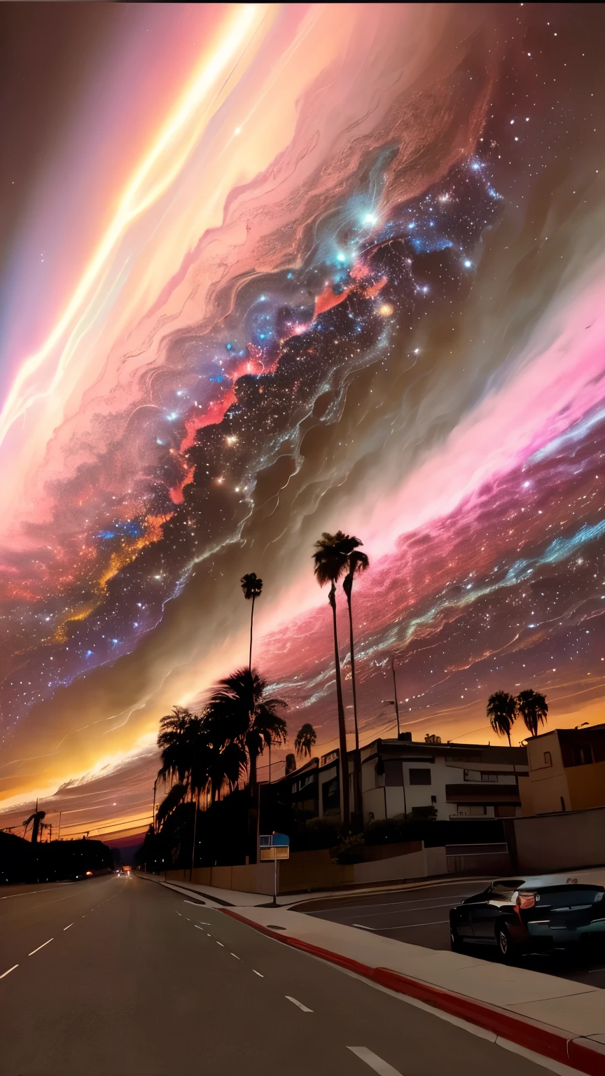 Aerial image of a street with cars and palm trees, Psychedelic Sky, Colorful sky, Time has passed, A streak of light runs across the sky, Timelapse,  the most beautiful images ever made in oil painting, Beautiful sky, Neon cloud splash, Of brilliant colour,  Colorful Night Skies , Colorful sky, Amazingly spectacular footage, Colorful sky,   fantastic starry city at dusk  , Surreal Sky