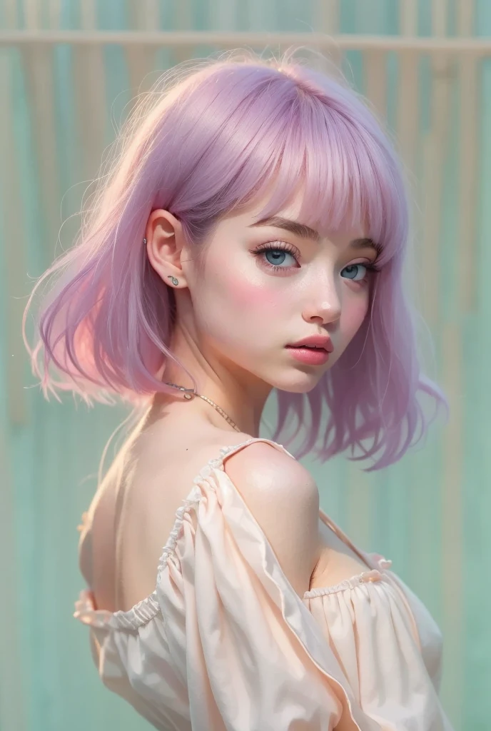 (  Details) ,  HYPER DETAIL , Realistic Portrait ,  perfect face.Teenage Girl,front, clear double eyelids, blue eyes and long eyelashes, Realistic Face,  Details skin、 The lips are big and thick、black pink short hair , Forehead bangs  , Sheer cropped off-the-shoulder top and white high-waisted pleated skirt , Bra Shoulder Straps , White background , Soft Shadows、 Cozy and relaxed vibe  