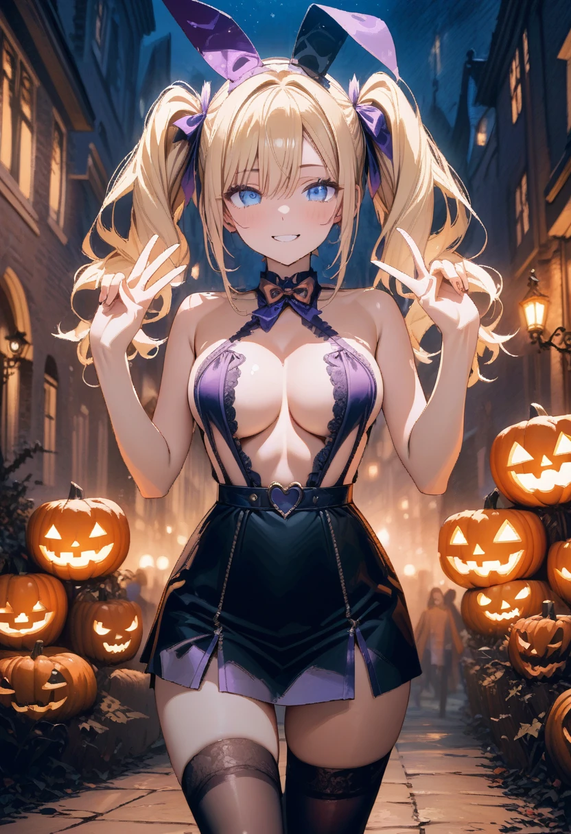 (masutepiece:1.3), (8K, Photorealistic, Raw photo, Best Quality: 1.4), Beautiful face, (Realistic face), Beautiful detailed eyes, (Realistic skin), Attractive, Intricate details,Golden ratio, 1 girl,Naughty smile, (rainbow hair:1.4),((Long twintails,Ribbon 1.4)),Halloween Cosplay,(Blue Butterfly Hair Ornament 1.3),cleavage,Dynamic Pose,Dynamic Angle,Intricate details, Hyper realistic、only face、A smile、Smiling、Face enhancement、Happy halloween、Halloween Events、Sweets please、Halloween pumpkin