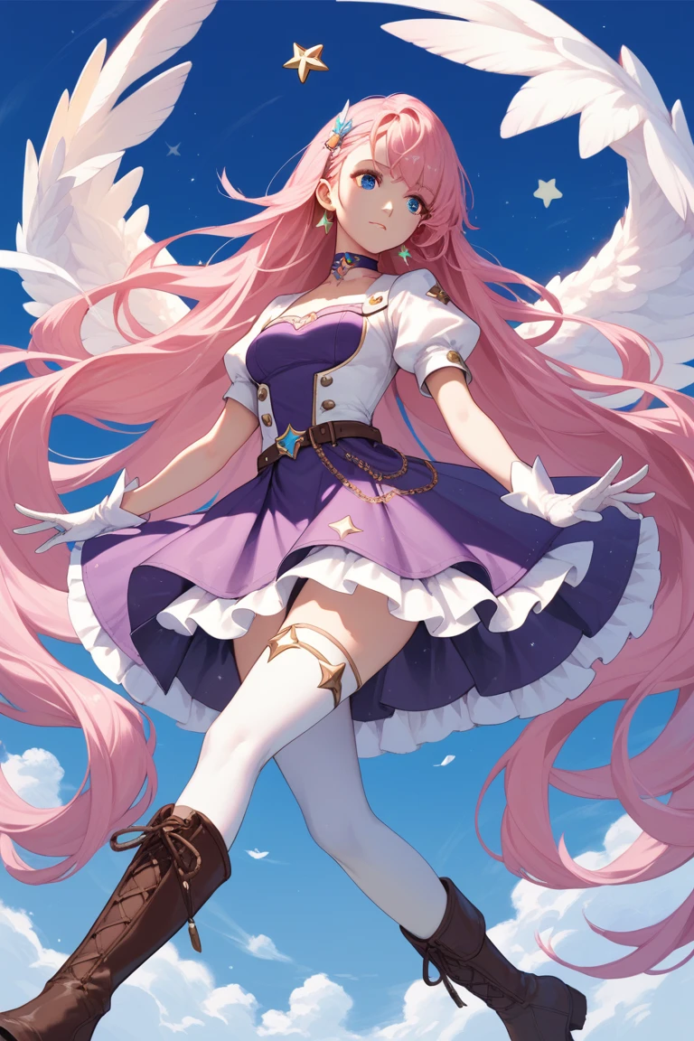 SeraphineLoLXL, blue eyes, pink hair, bangs, hair ornament, very long hair, shiny hair, star (symbol), earrings, medium breasts, chocker, white jacket, puffy short sleeves, purple dress, wings, white gloves, skirt, belt, white thighhighs, brown boots