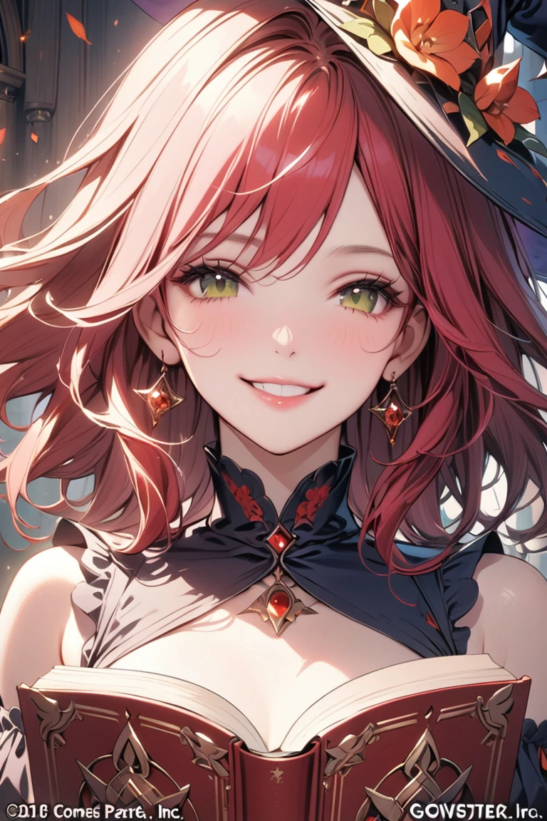 (master part, high quality, best quality, official art, Beautiful and aesthetic:1.2), (1girl), extremely detailed,  thick_red_book_face, A portrait of a Beautiful witch, smiling, intricate, Beautiful,