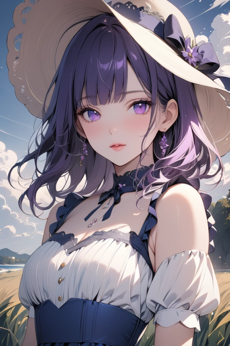 (masterpiece, best quality:1.4), looking at viewer, on_front,
(wavy hair:0.8), dark blue hair, cloudy sky,Blunt Bangs, purple eyes, classic dress,lace,hat