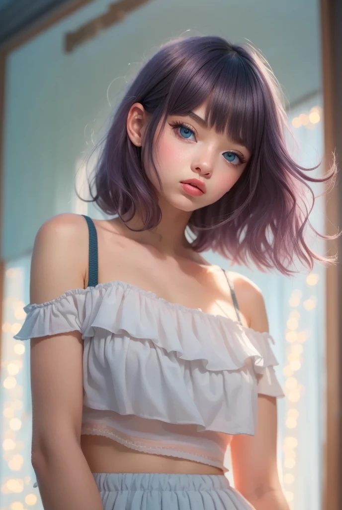 (  Details) ,  HYPER DETAIL , Realistic Portrait ,  perfect face.Teenage Girl,front, clear double eyelids, blue eyes and long eyelashes, Realistic Face,  Details skin、 The lips are big and thick、black pink short hair , Forehead bangs  , Sheer cropped off-the-shoulder top and white high-waisted pleated skirt , Bra Shoulder Straps , White background , Soft Shadows、 Cozy and relaxed vibe  