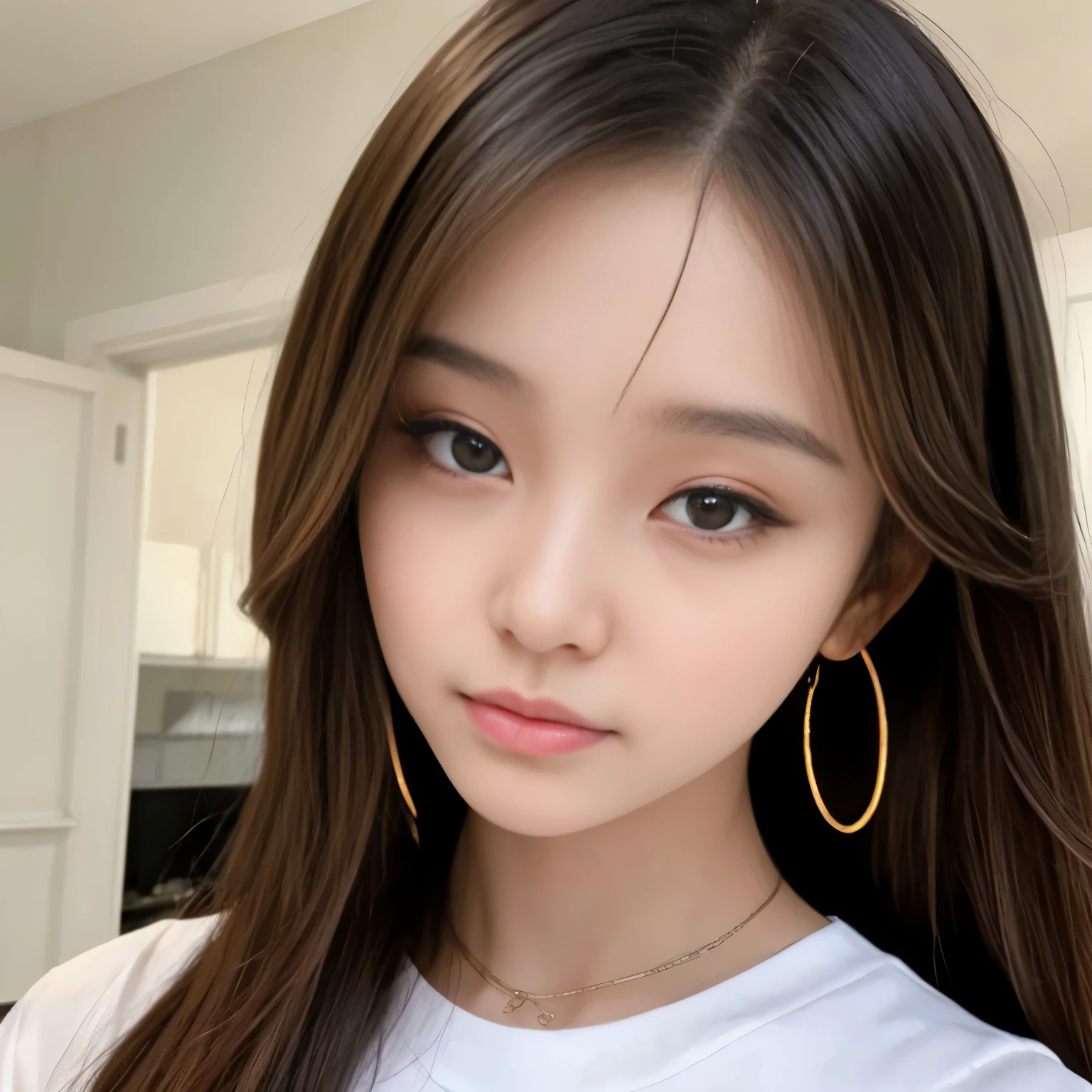 Close-up of a long-haired woman in a white shirt, 1 8 is, 18-year-old, 19-year-old girl, Chen Xintong, Korean Girls, Shishion Wu, Choi Hong-hwa, 22 years old, 21 years old, Ulzzang, Wenfei Ye, Young and pretty Asian face, lips、Slim overalls accentuate the bust、