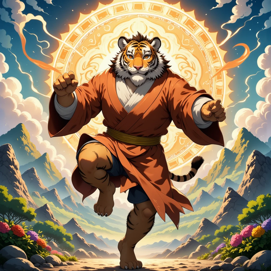 monk, a musclegut middle-aged tiger man, wear, pants, rotating the body, executing highkick, dynamic pose, perfect composition, detailed painting landscape, morning, chinese mountain, swirling mandala, BREAK full body in Michelangelo Buonarroti style, housamo style, digital illustration anime, character focus, full body, looking away, dynamic angle, BREAK complete anatomy, perfect proportions, beautiful thigh gap, fluffy body, intricate fur details, beautiful fur texture, BREAK (a detailed tiger 1tail), detailed toe, 5toes, 5toes nails, beautiful foot, detailed hands, 5fingers, 5fingers nails, BREAK aesthetic anime face, insanity detailed face, male face, big face, square jawline, aesthetic anime eyes, detailed brown eyes, detailed brown cornea, detailed dark brown irises, detailed pupils, male eyes, big eyes, male eyebrows, innocent look, beautiful beard, BREAK masterpiece, official art, best quality, very aesthetic, absurdres, super fine illustration, great quality, BREAK noise reduction, very highres, large filesize, high quality, 32K, 8k wallpaper, dynamic lighting, BREAK insanity detailed, ultra detailed, intricate details, extremely detailed, detailed texture, an extremely delicate and beautiful, full color, HDR, BREAK e621 illustration, osukemo, kemohomo, anthropomorphic, furry, cartoon, harmonious eyes, pastoral face, virtuous body, oriental power atmosphere 