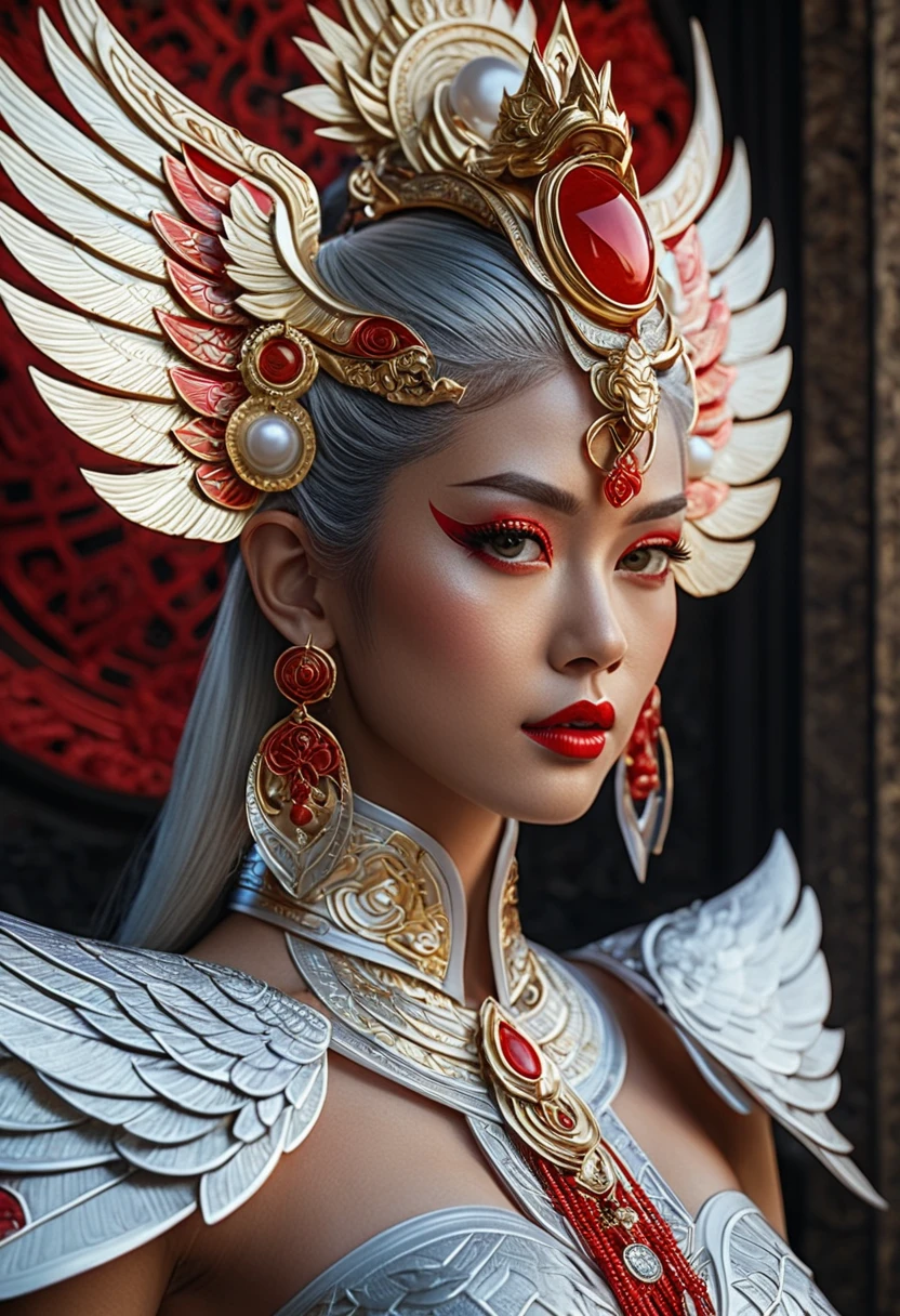 Photorealism, Face facing front,Stunning hyper-realistic Japanese girl, by Ash Thorp and Marta Nael, anime, manga, character, upper body only, wearing high detail elaborate red mate mix 24k gold balinese barong  engraving  fantasy clothes inspired by balinese culture, futuristic and modern twist, vibrant high res  colors, soft focus, warm lighting, 8k, high-quality print, delicate features, intricate details, jade eyes , light grey hair, high detail skins, red lips,  dynamic pose, fusion of traditional and futuristic elements, barong garuda ornate accessories, exotic patterns, Batik-inspired design, traditional balinese headdress, intricate maluku pearl jewelry. High res, high saturation, cinematic, 1040x2400pixels