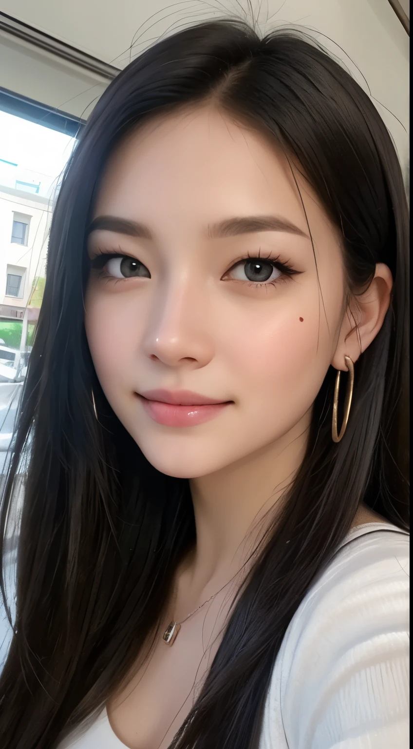 Black hair, hair bobbles, long eyelasher, solid circle eyes, Light smile, Moles under eyes, Heart earrings, Light smile, Shy, puckered lips, surrealism, shadowing, stereograms, angle of view, Atmospheric perspective, Depth of field, first person perspective, f/1.8, 8K, Super detail, ccurate, Best quality, A high resolution, Best quality,full bodyesbian