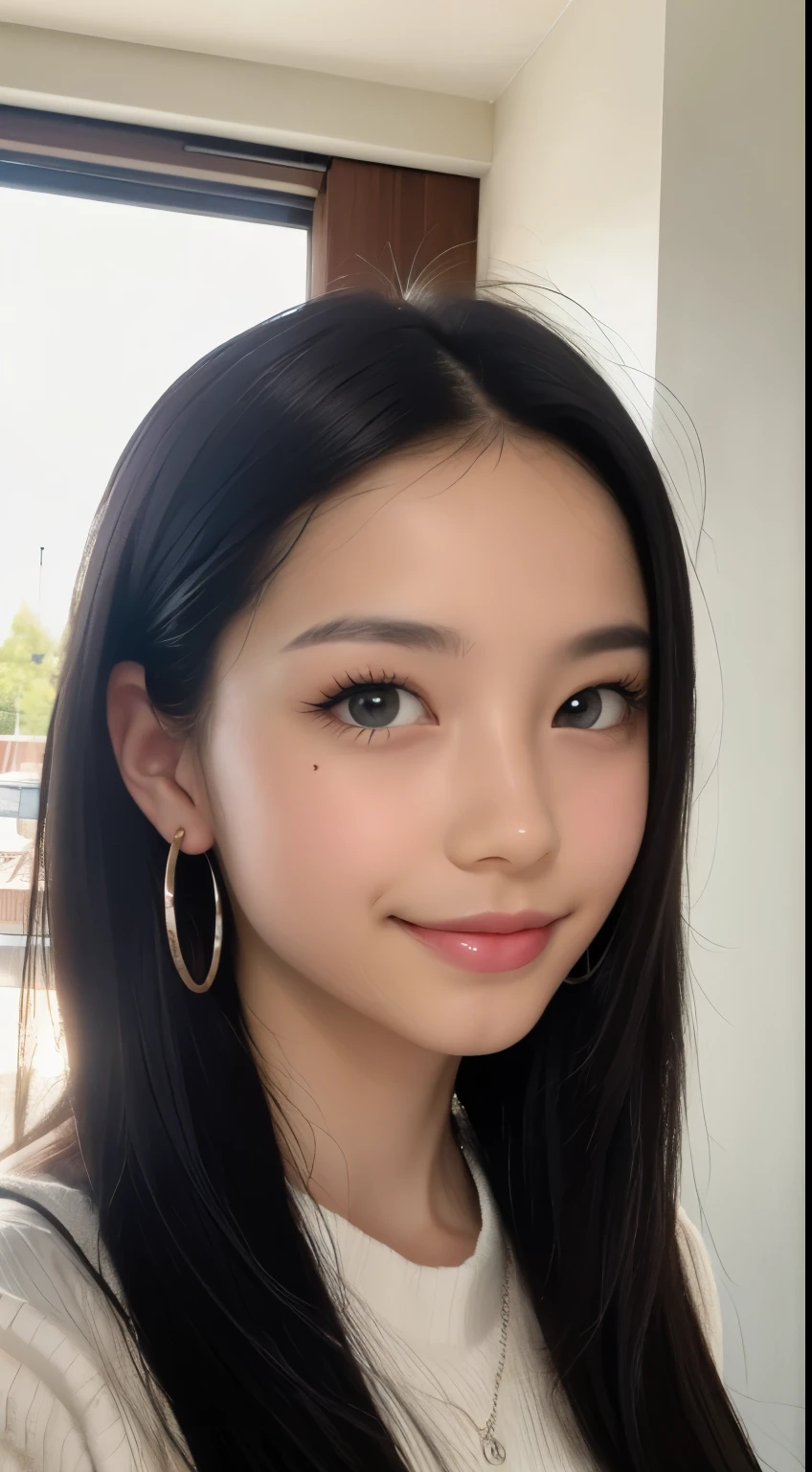 Black hair, hair bobbles, long eyelasher, solid circle eyes, Light smile, Moles under eyes, Heart earrings, Light smile, Shy, puckered lips, surrealism, shadowing, stereograms, angle of view, Atmospheric perspective, Depth of field, first person perspective, f/1.8, 8K, Super detail, ccurate, Best quality, A high resolution, Best quality,full bodyesbian