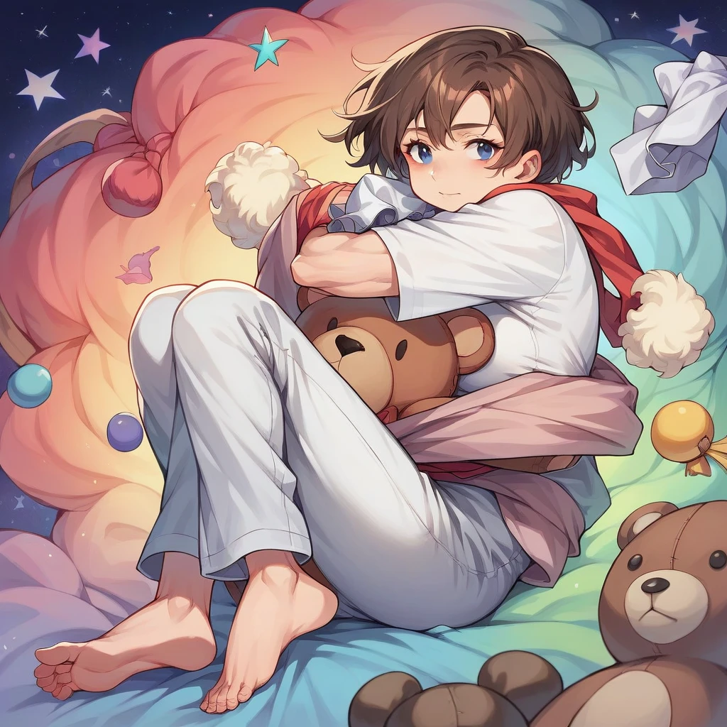 (((masterpiece))), (((Best Quality))),((( high detail))),Light manipulation, Brown Hair Girl,  gradient brown to gray eyes,  wearing a white long-sleeved knit dress , red yarn scarf , (((change))), ((( s))) ,  galaxy background , Hug a teddy bear, feet, No footwear 、 1 girl, biceps