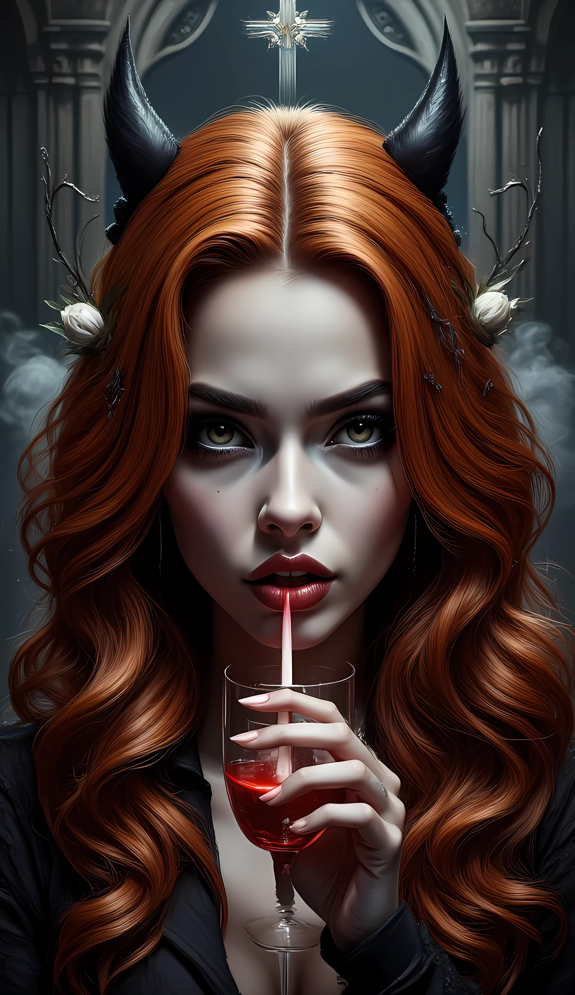 score_9, score_8_up, score_7 Arafed, dark fantasy art, glamour shot, award winning shot, photorealistic, a portrait of a female (vampire drinking a glass of blood: 1.5), orange hair, long hair, red lips, glowing eyes, there is an imprint of white rose, dynamic color, she wears, an elegant (black dress: 1.5), catholic church and altar background, bar background, 16k, ultra detailed, masterpiece, best quality, (extremely detailed), ral-ertmsphr, hyp3rd3tail style
